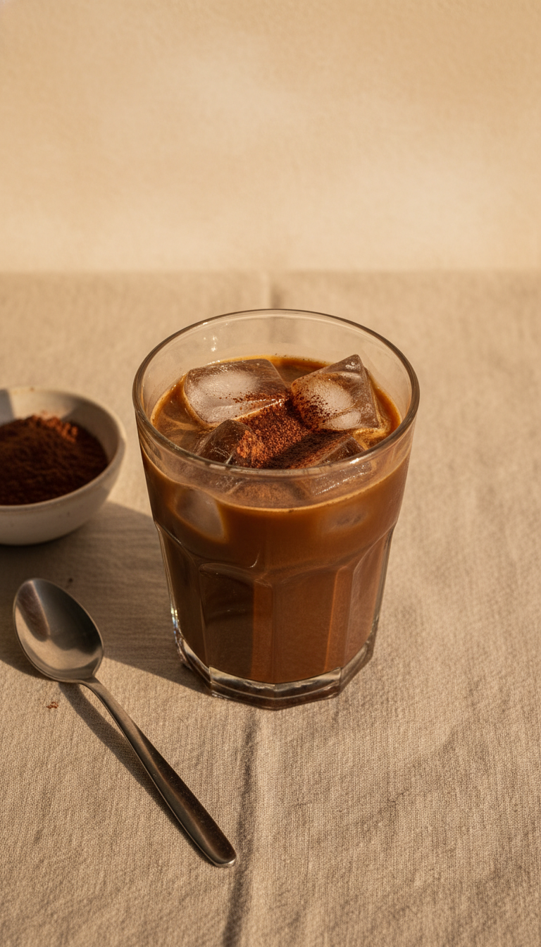 Healthy Dunkin Iced Coffee 7 Proven Low-Calorie Drinks 7 Low-calorie mocha iced coffee with cocoa dusting, elegant tumbler, ice, on a linen tablecloth with a silver spoon.