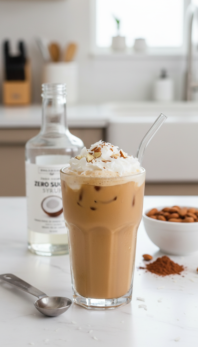 Low-calorie, sugar-free Almond Joy iced coffee with a zero-sugar coconut syrup bottle. Healthy customized coffee drink.