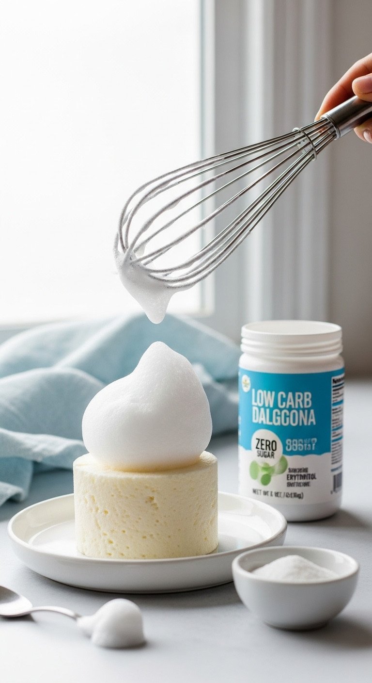 Dalgona Coffee Tested Recipe Science And Troubleshooting 11 Low-carb dalgona foam with erythritol sugar substitute, whisk head, and 'zero sugar' label on a white ceramic plate.