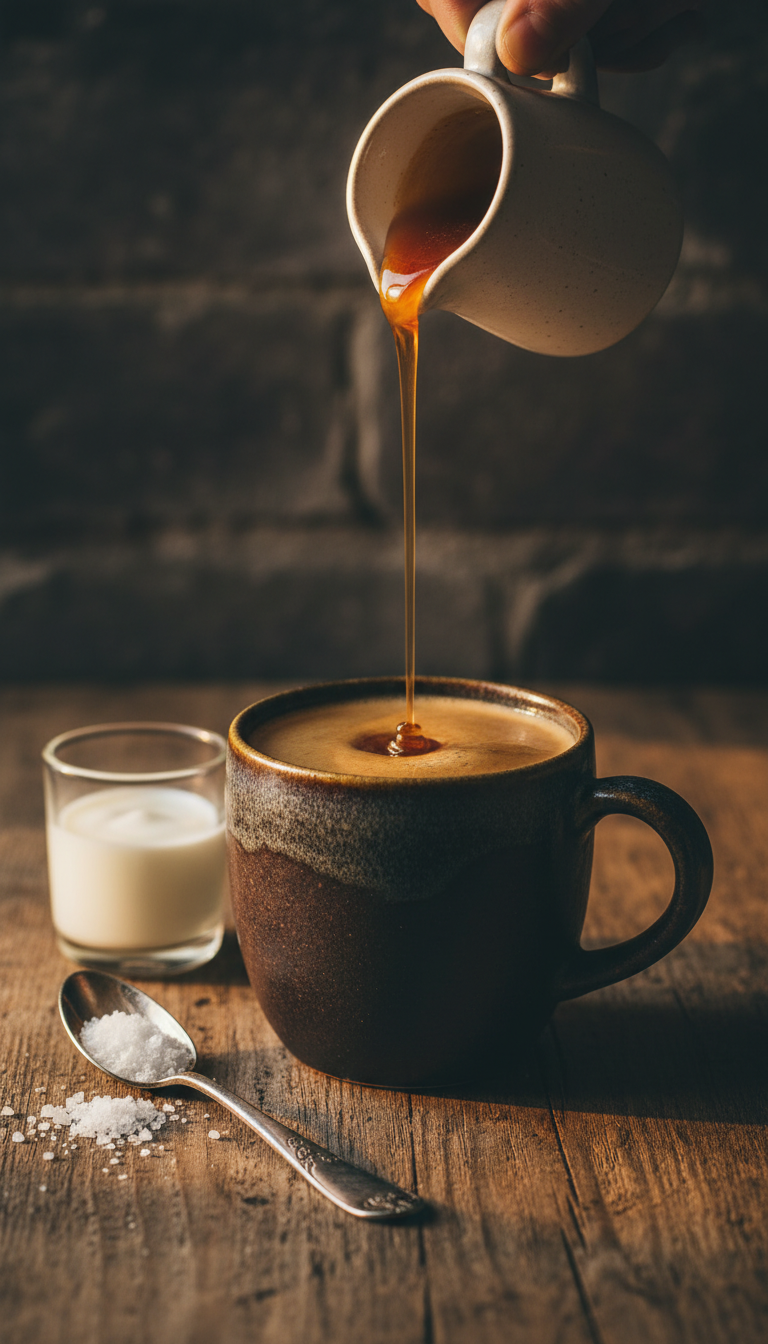 Low-carb salted caramel syrup poured onto dark coffee, showcasing thick, glossy texture. Rustic setting with sea salt, vintage spoon.