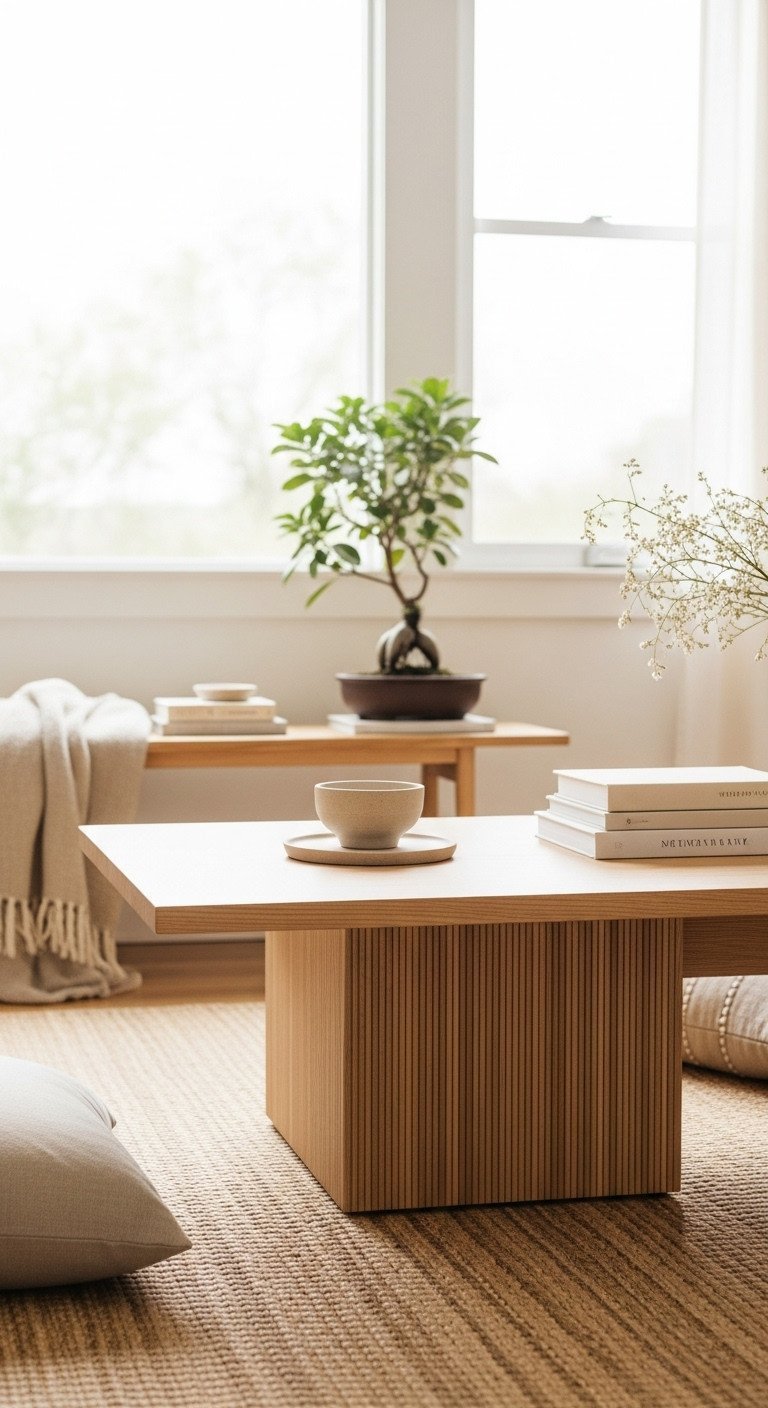 Low-profile Japandi ribbed wood coffee table, minimalist design, on a tatami mat in a serene living room.