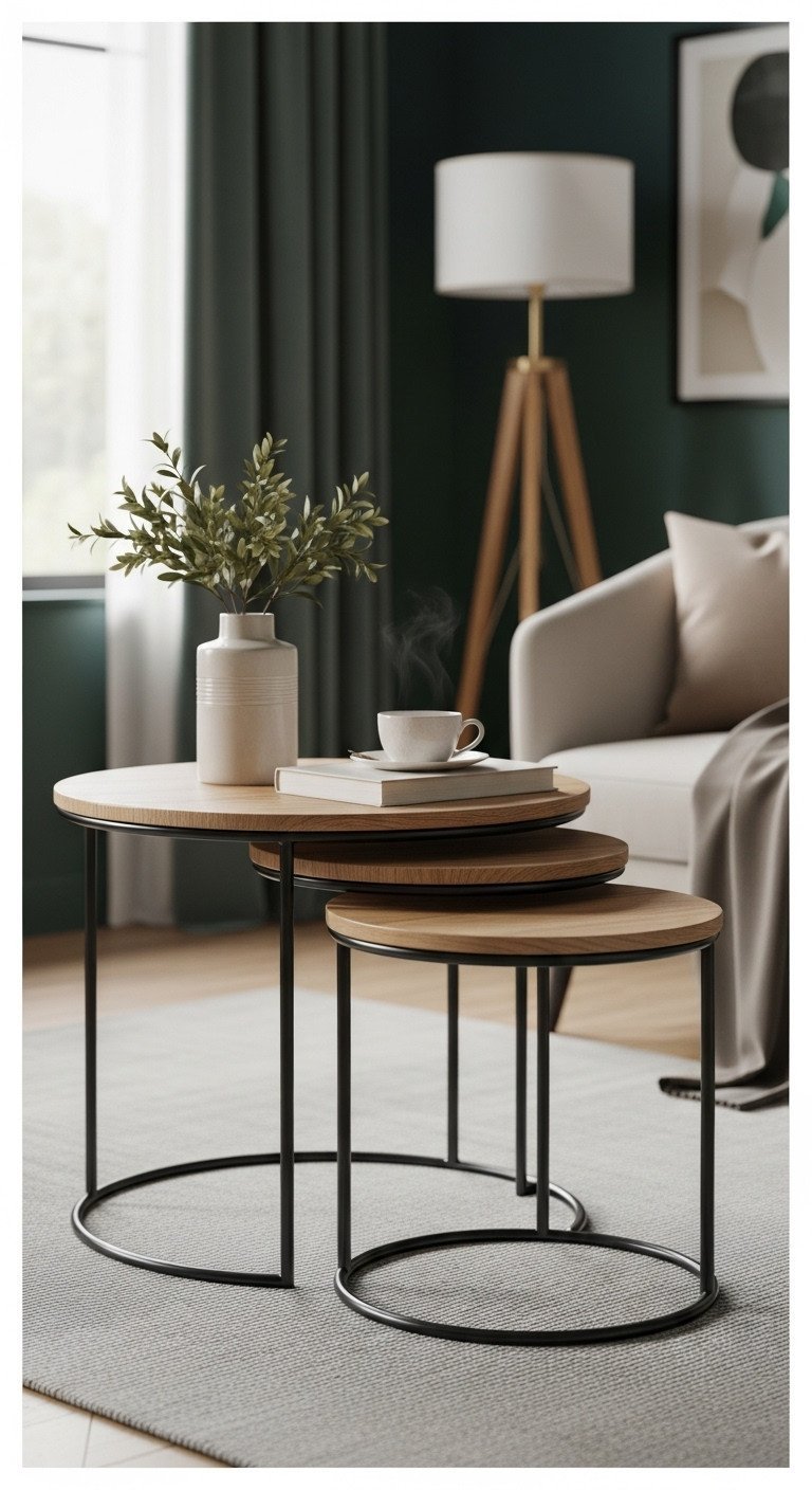 Low-profile nesting coffee tables, wood/stone, metal legs. Space-saving flexible design for small living rooms. Modern.