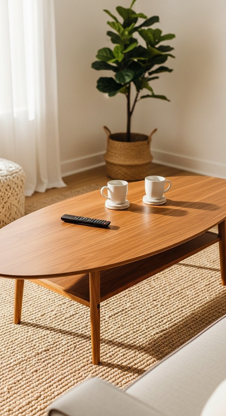 Low-profile oval walnut wood coffee table with tapered legs in a mid-century modern living room, cozy setup.