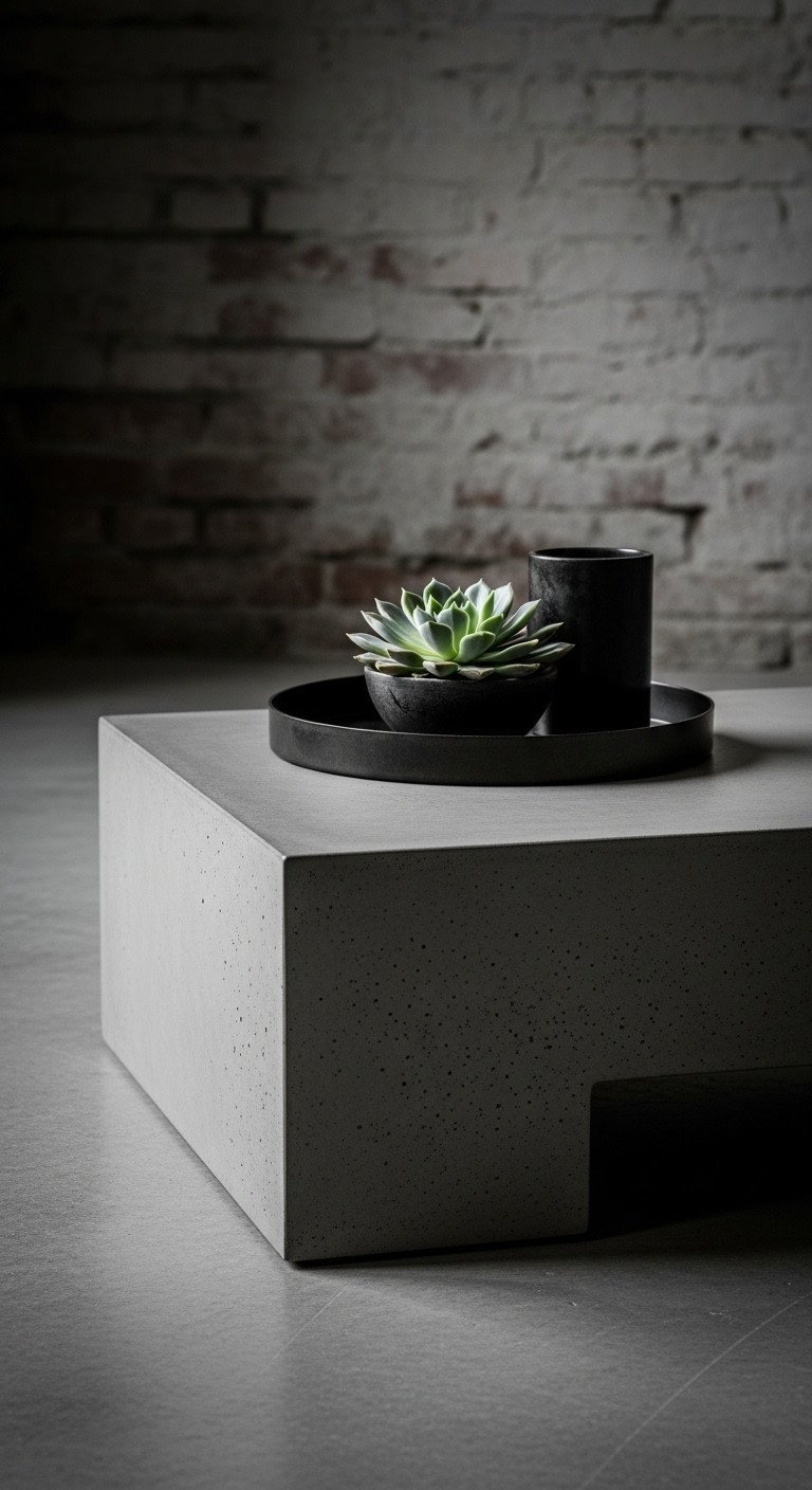 Low-profile rectangular concrete coffee table with raw texture, ideal for an industrial interior with a brick wall background.