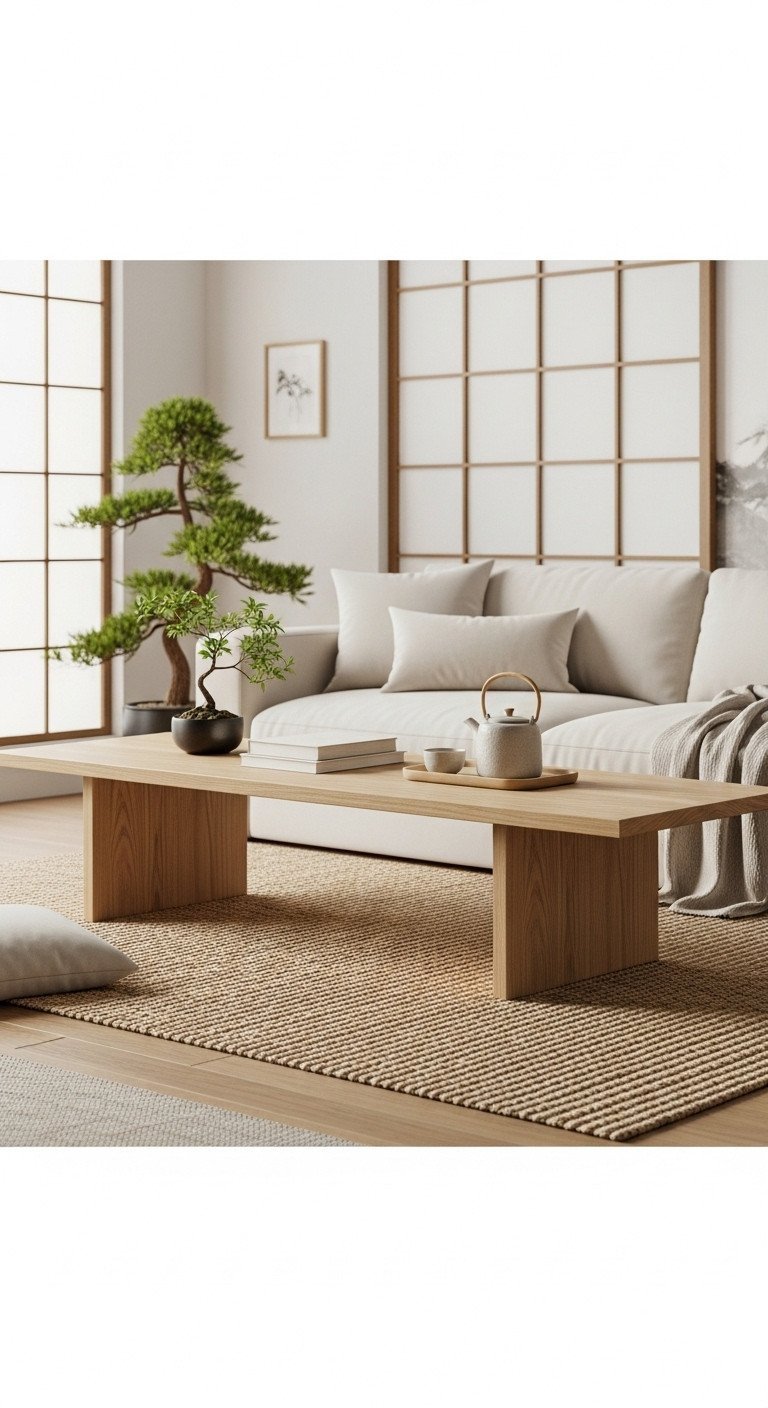 Low-profile rectangular light oak wood coffee table in a serene Japandi living room with a jute rug and shoji screen.