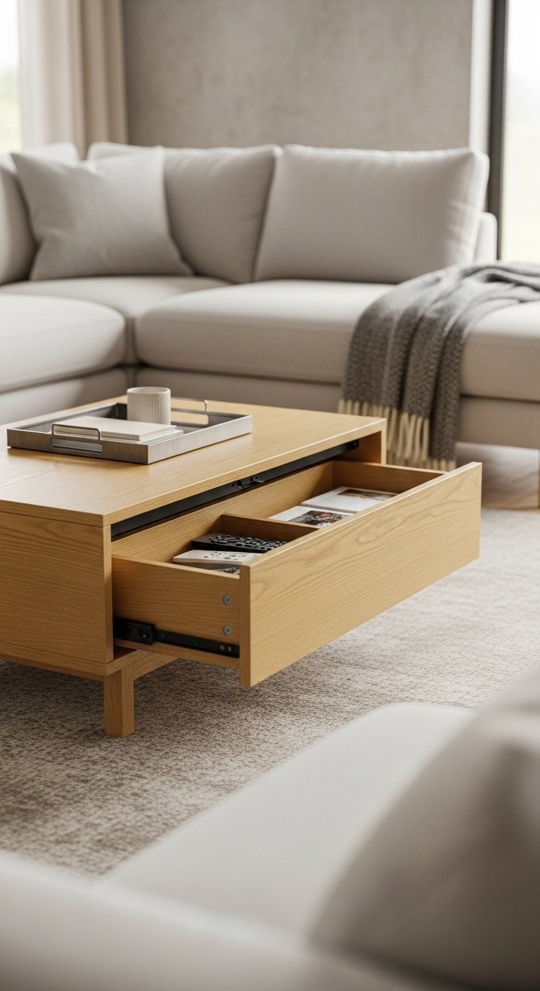 Low rectangular coffee table with open storage on neutral rug. Space-saving modern design, warm creams & soft grays.