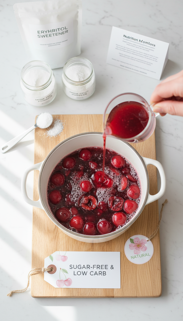 Low sugar cherry syrup, sugar-free, made with erythritol, pouring from a pitcher, with fresh cherries and nutritional info card.