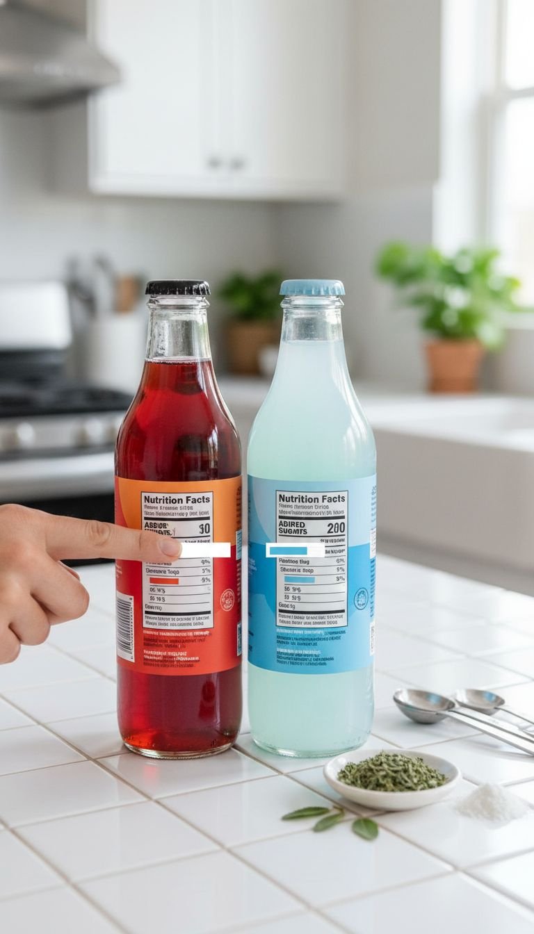 7 Genius Rules to Vetting Functional Wellness Drinks 27 Low-sugar functional beverage next to high-sugar soda; finger points at added sugar comparison on labels. Healthy choice.