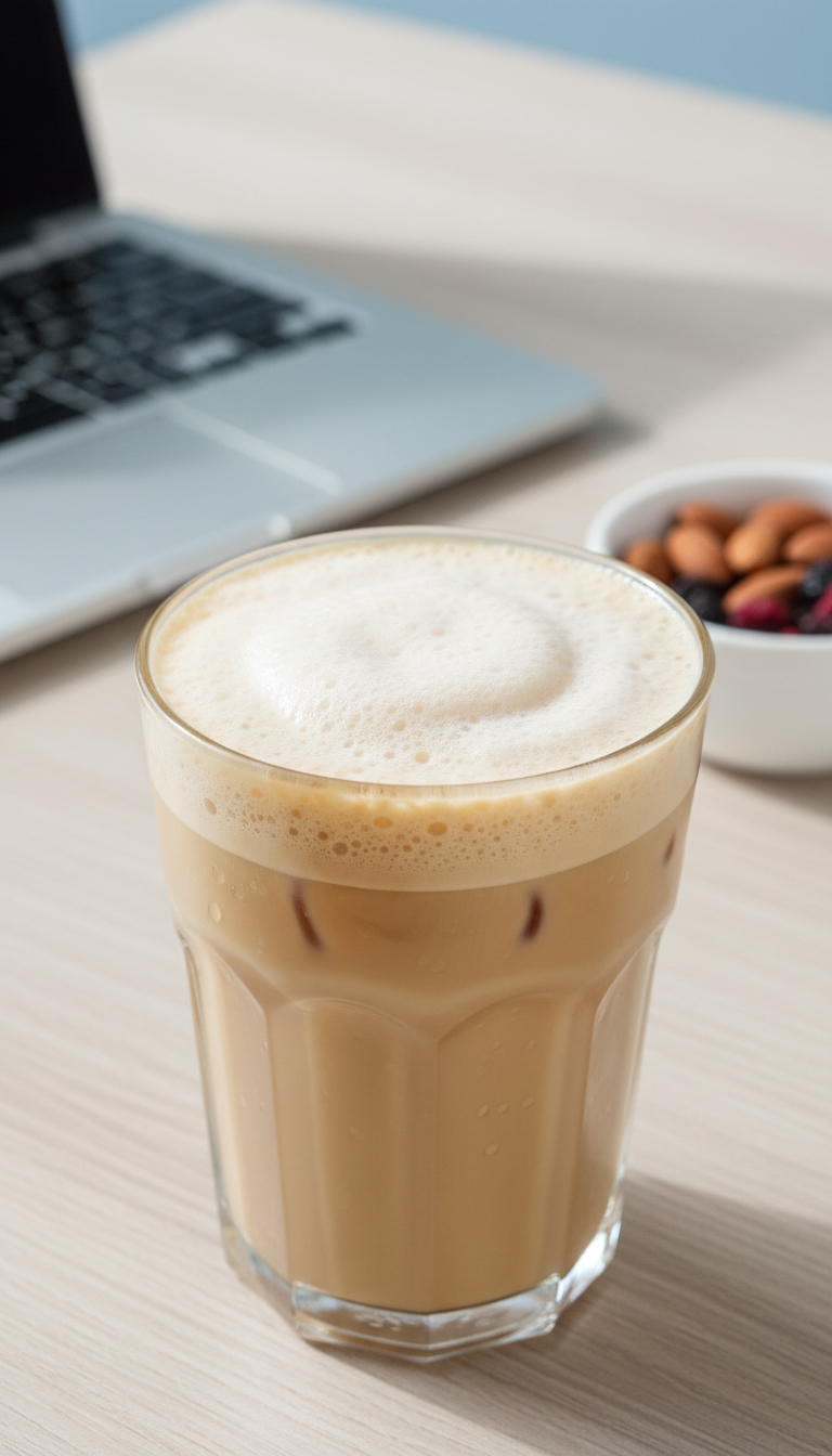 Low-sugar hazelnut cold foam iced coffee, light frothy foam, laptop, healthy snack on wooden desk, blurred office.