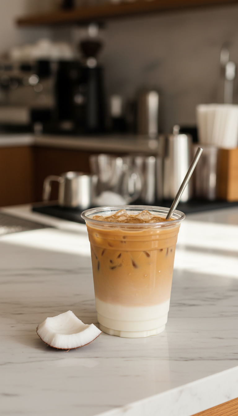 Dunkin' Coconut Iced Coffee: 5 Essential Order Hacks 1 Low-sugar iced coffee in Dunkin' cup with caramel & coconut flavor layer on marble, coffee shop background. Perfect for sharing.