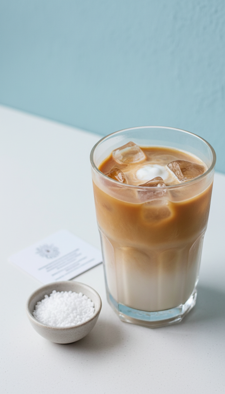 Low-sugar iced coffee with milk splash in clear glass, sugar substitutes on white counter. Clean, healthy, simple coffee.