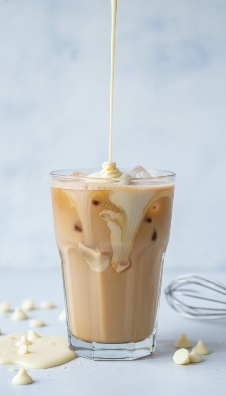 Homemade Mocha Syrup for Rich Iced Coffee Drinks 9 Luscious homemade white mocha syrup drizzled over iced coffee with frothy milk, white chocolate chips and a whisk.