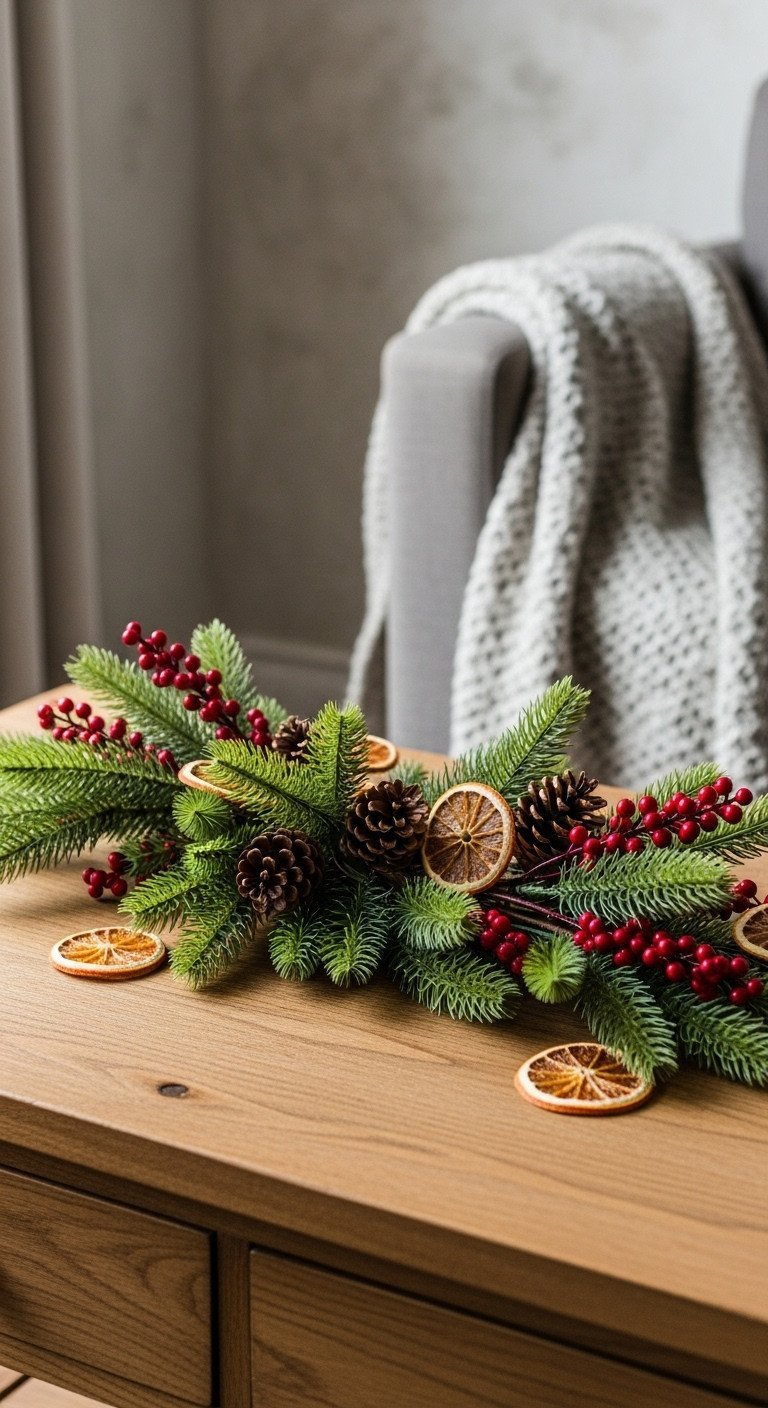 Style Your Coffee Table With 9 Vintage Christmas Decor Hacks 5 Lush faux pine garland with red berry sprigs, pinecones, and dried oranges on a rustic wooden coffee table, evoking cozy Christmas decor.