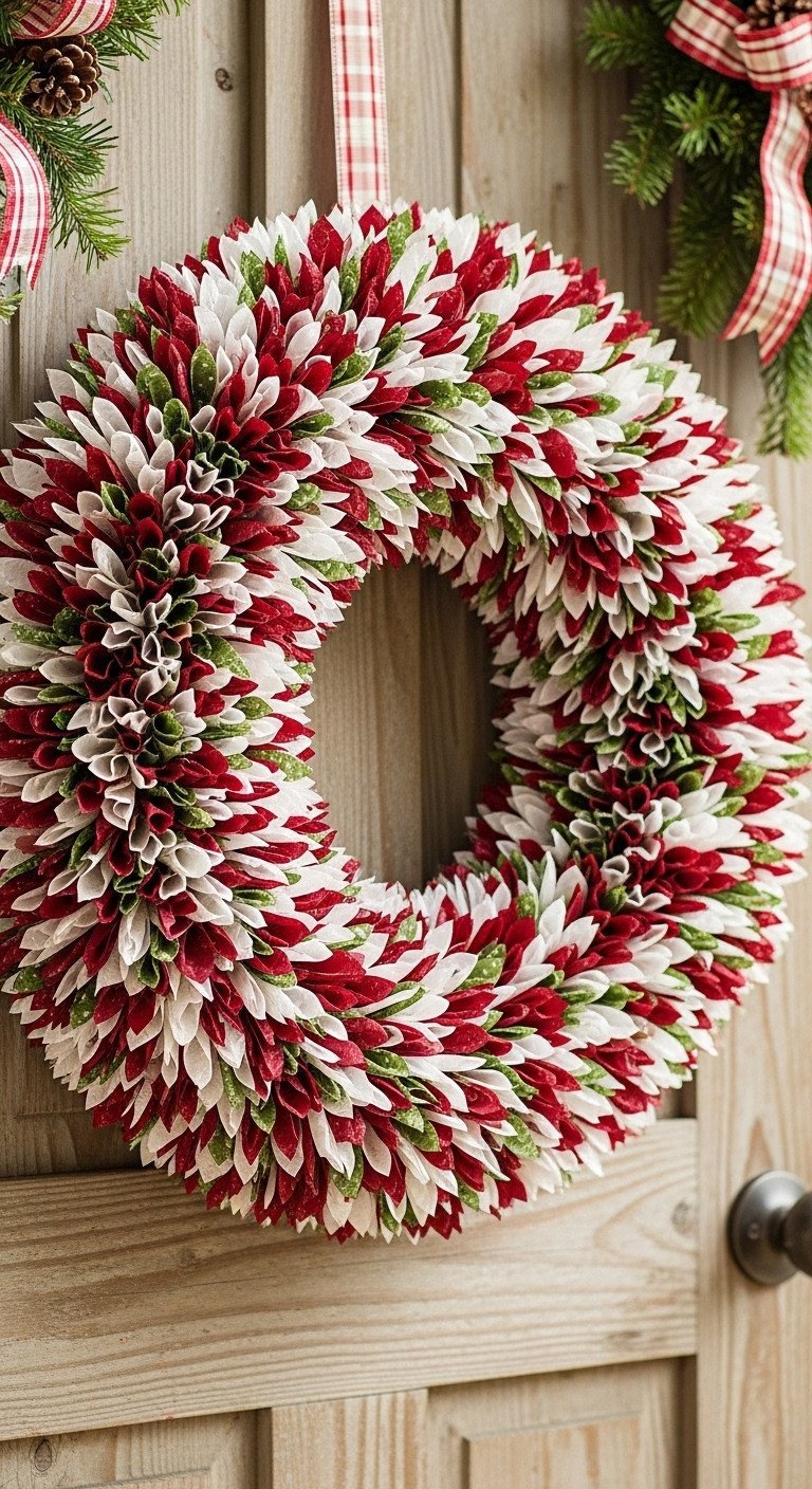 Lush red, white, green coffee filter wreath, layered for a flower effect, on a rustic wooden door. Festive DIY Christmas decor.