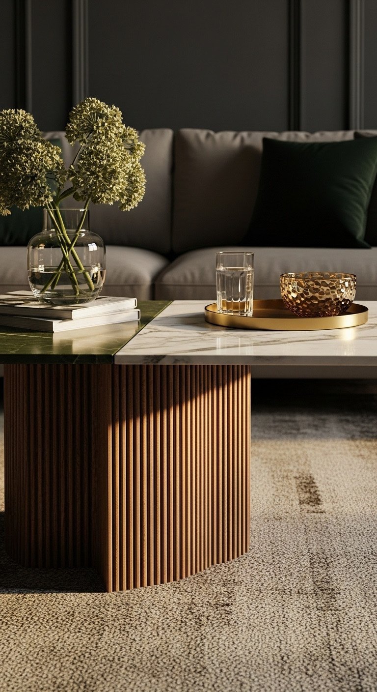 Luxurious acacia wood ribbed coffee table with marble top, styled on a textured rug in an elegant living room.