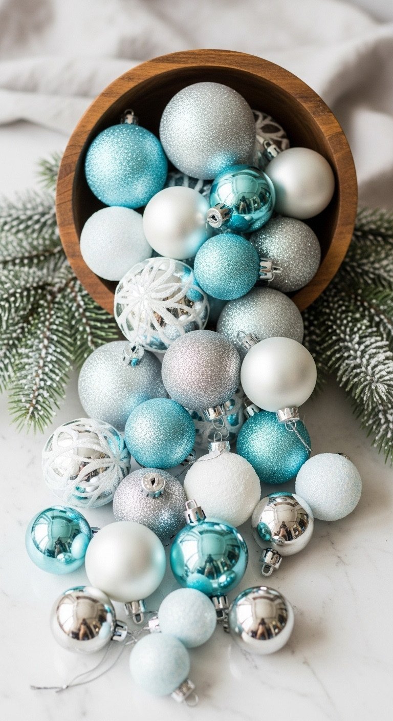 Luxurious icy blue, white, and silver Christmas ornaments spilling from a rustic wooden bowl on marble with snowy pine sprigs.