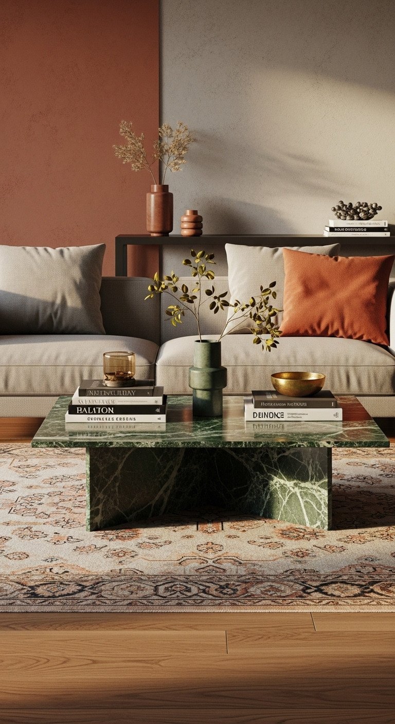 Luxurious living room featuring an Italian Green Flower marble coffee table, an elegant statement piece, with gold accents.