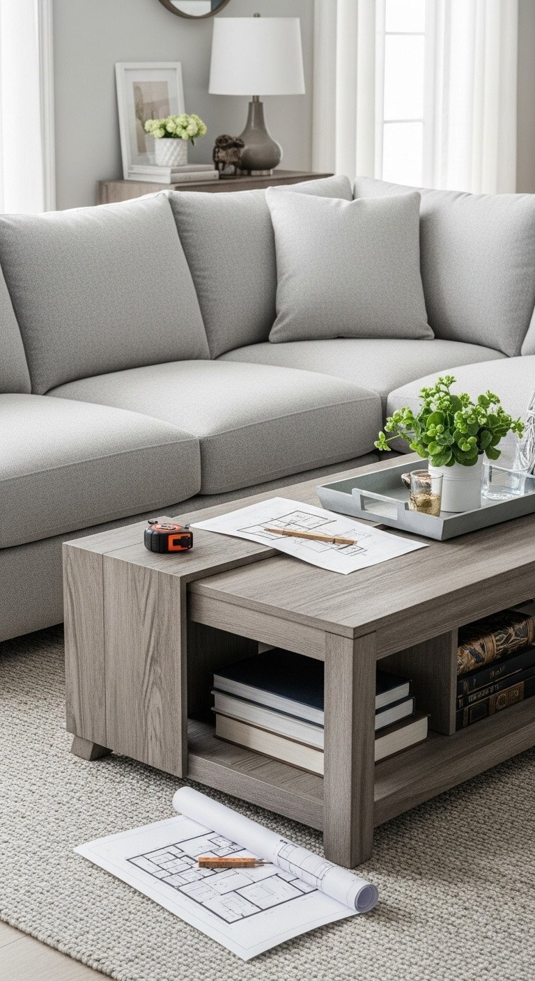 Luxurious living room showcasing L-shaped sectional and large coffee table, emphasizing design scale and proportion. Elegant gray decor.