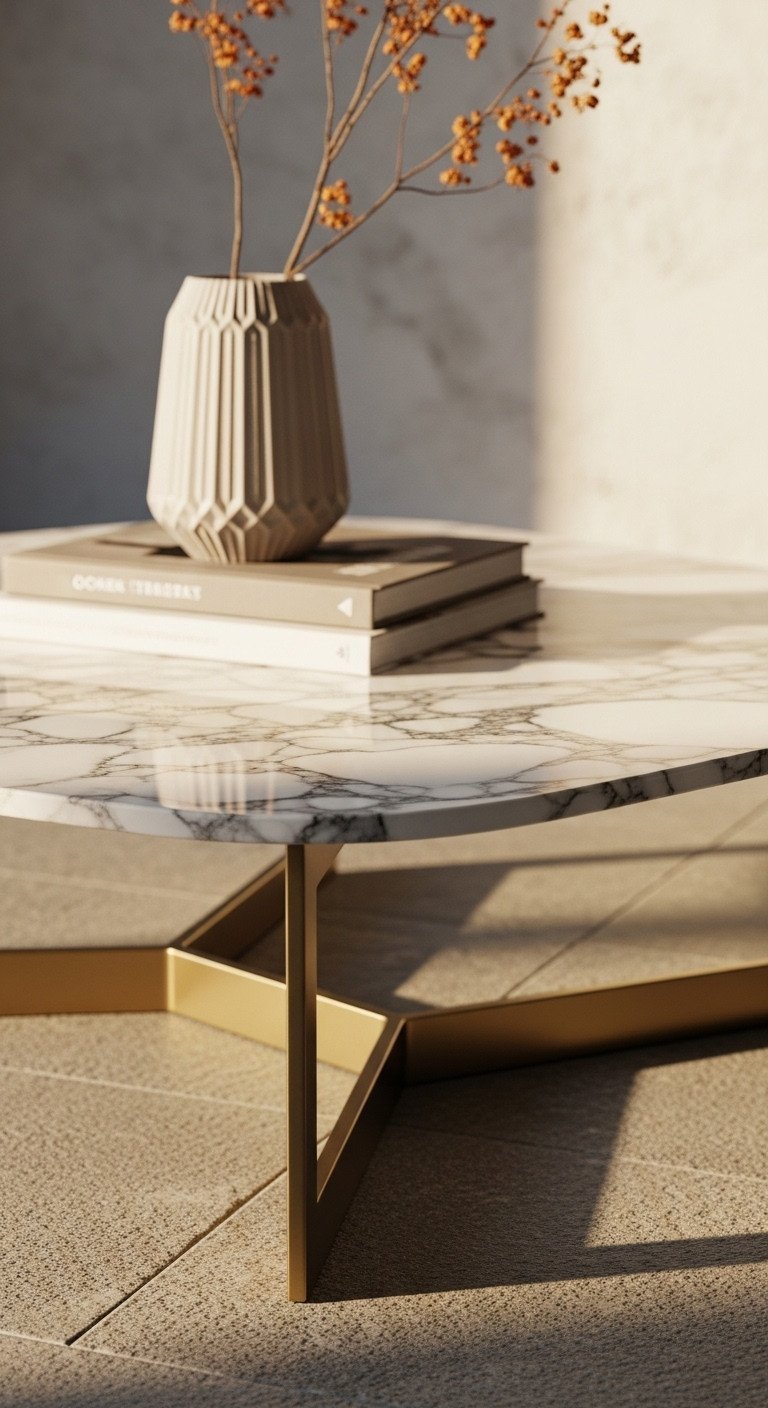 Luxurious modern marble coffee table, showcasing unique veining and polished surface on a sleek brass base. Elegant living room decor.