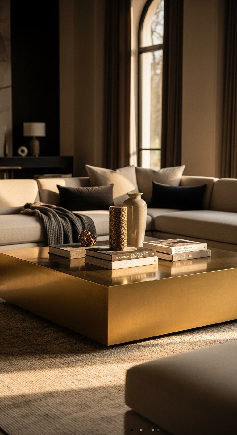 Luxurious oversized square brass coffee table styled with vase and books, centered in a grand sectional sofa living room.