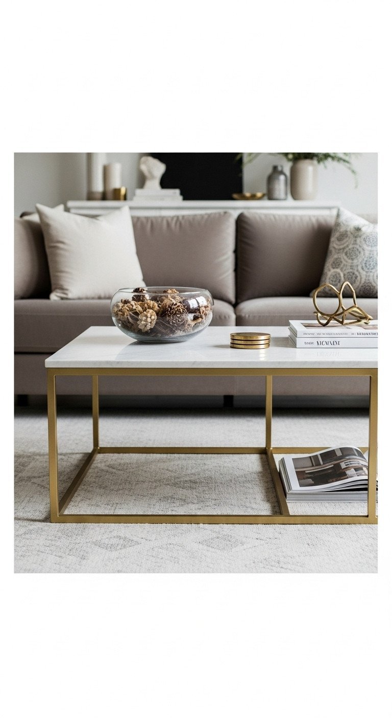 Luxurious rectangular brass coffee table with white Carrara marble top, styled with botanicals in a minimalist living room.
