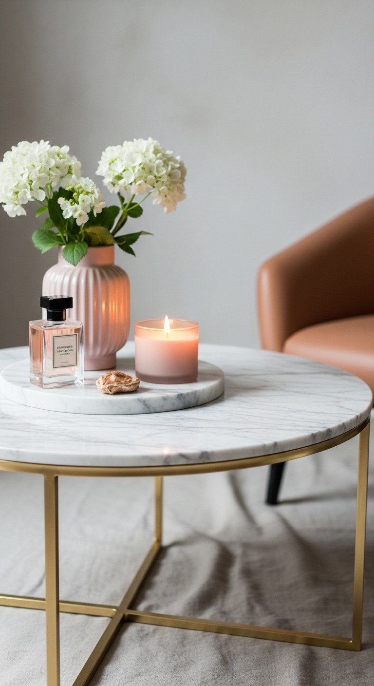 Luxurious round white marble top coffee table with polished gold metal frame in an elegant living room.