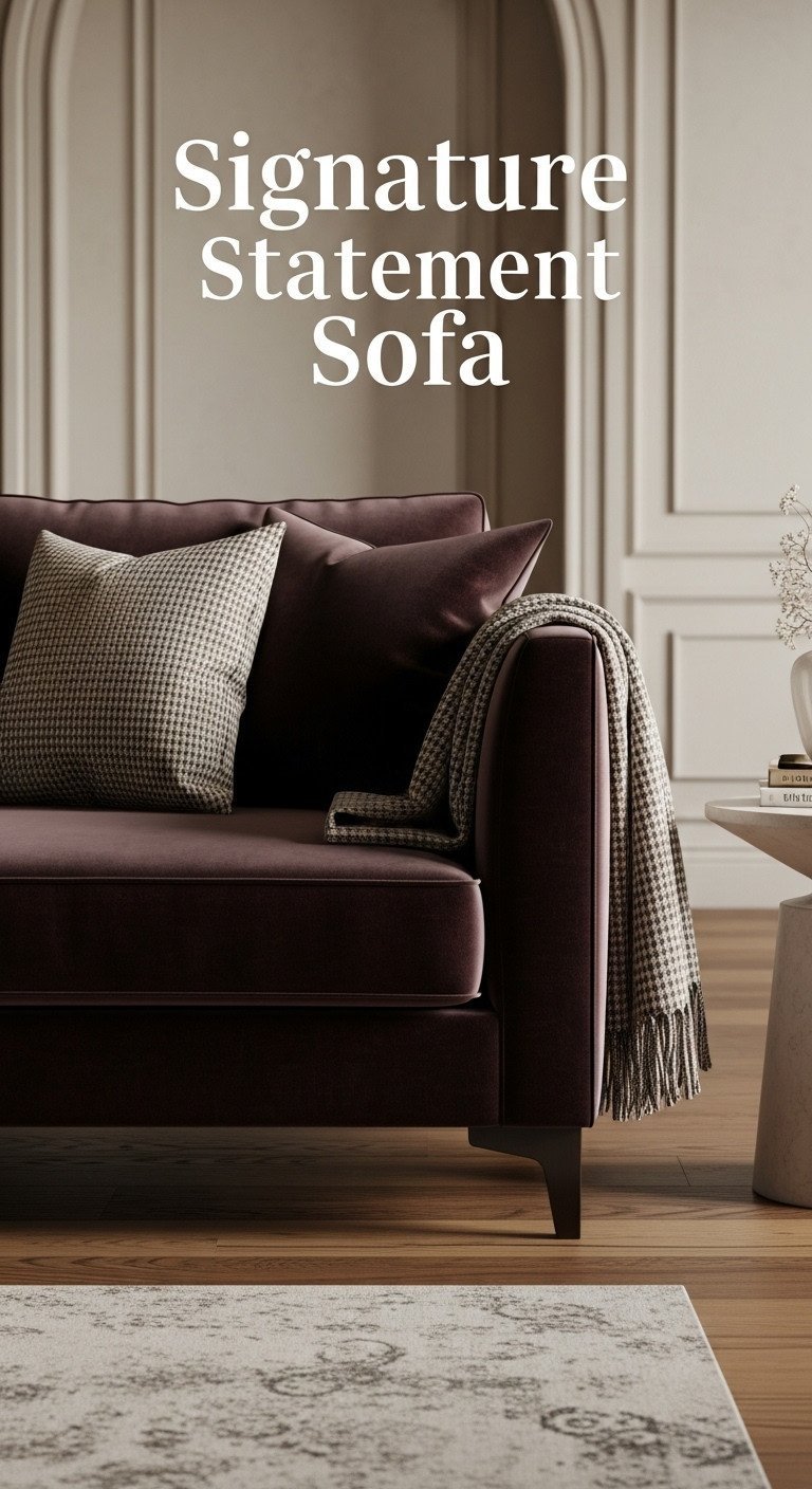 Luxurious velvet sofa in a high-end living room, featuring meticulous tufting, elegant throw blanket, and designer cushions on a hardwood floor. Sophisticated interior design.