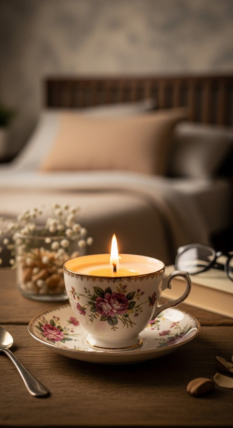 11 Tea Cup Upcycle Ideas Master China Drilling and Permanent Bonds 3 Luxurious vintage floral teacup candle with creamy soy wax and lit wick, creating a cozy aesthetic on a nightstand.