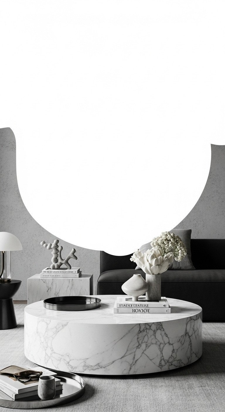 Luxury contemporary living room features round white Carrara marble center table with gray veining, dark sofa.