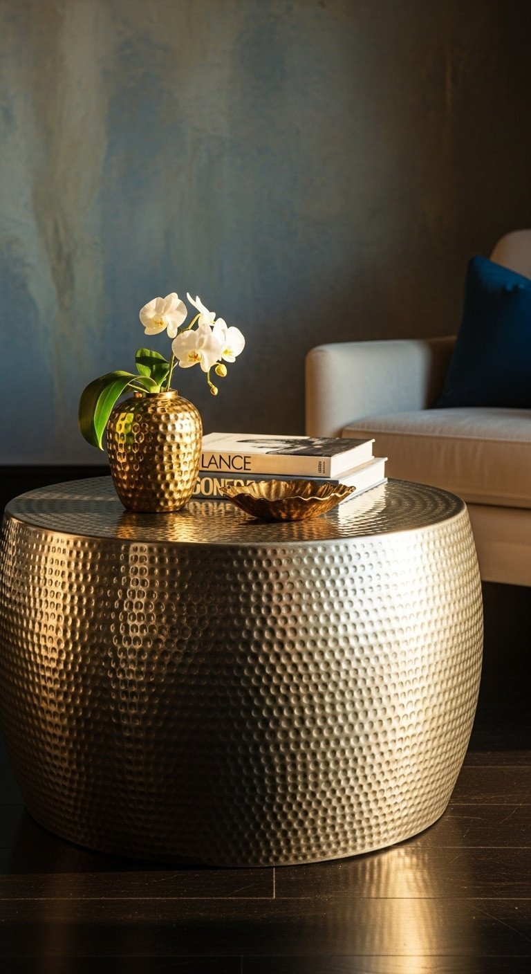 Luxury drum-shaped coastal coffee table, hammered zinc/copper finish, natural patina. White orchid.