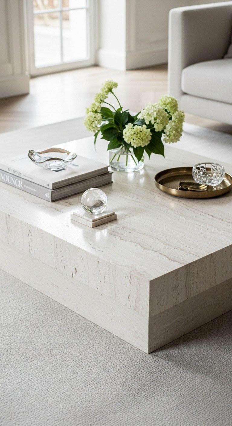 Luxury low-profile marble coffee table, oversized, rich veining on plush rug. Elegant living, designer table.