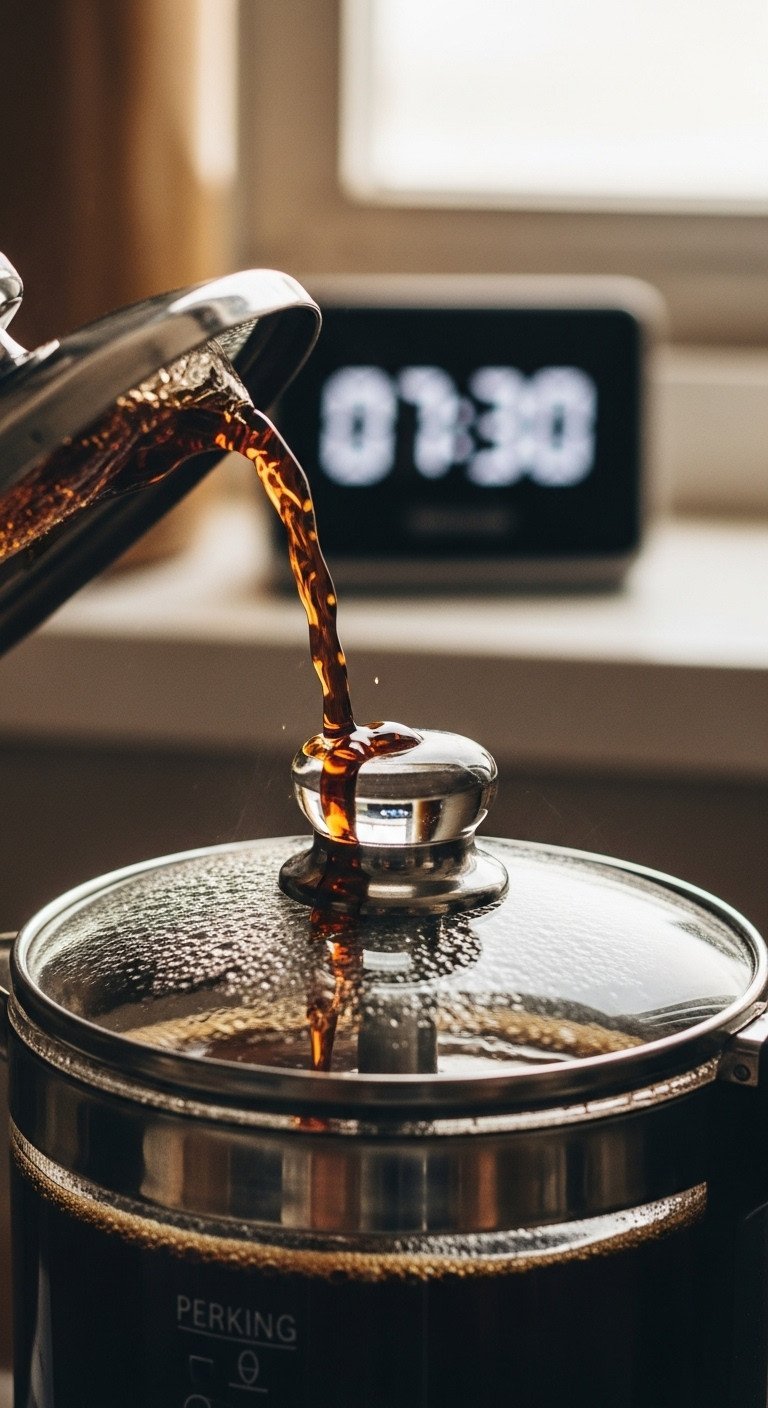 Macro close-up of dark coffee splashing in the glass knob of a percolator, with a digital timer in the background.