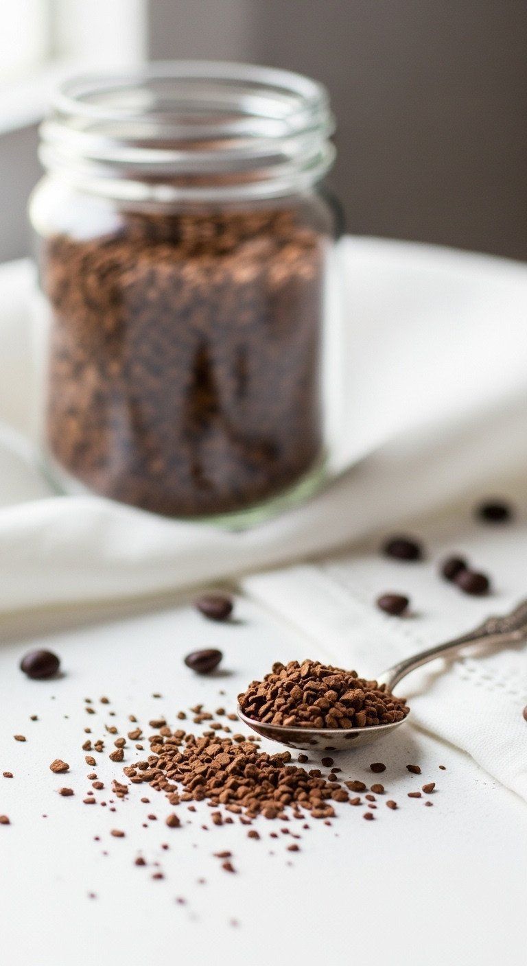 Dalgona Coffee Tested Recipe Science And Troubleshooting 3 Macro close-up of dark freeze-dried instant coffee crystals on a white surface, with blurred jar, antique spoon, and coffee beans.