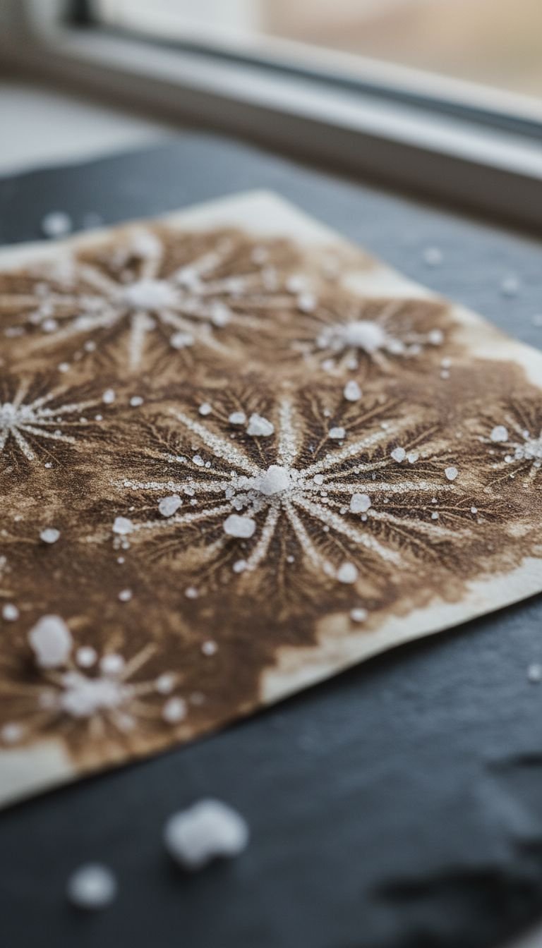 Macro close-up of sea salt crystals creating starburst patterns on wet, coffee-stained paper for a unique DIY texture.