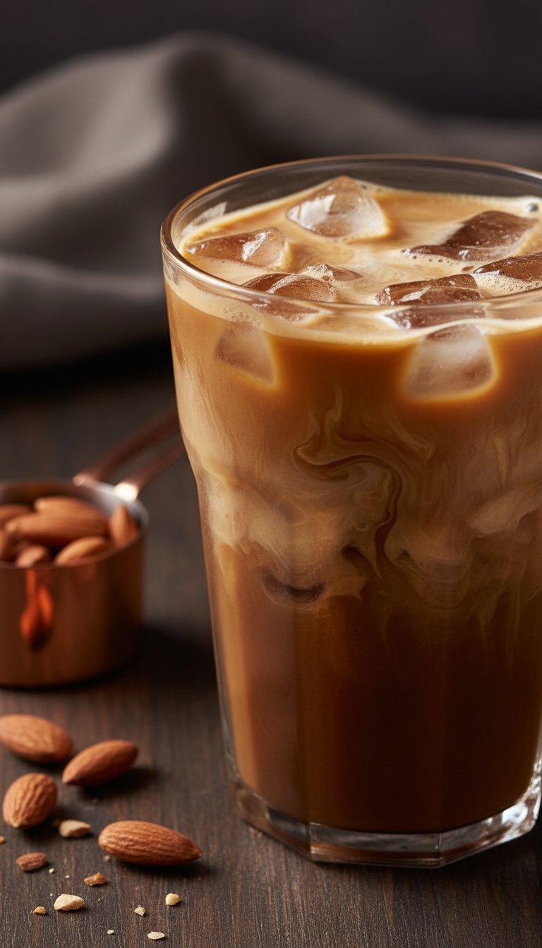 Macro of Dunkin' Toasted White Chocolate Iced Coffee with Toasted Almond shots, dark amber, ice, almonds, copper cup on dark wood.