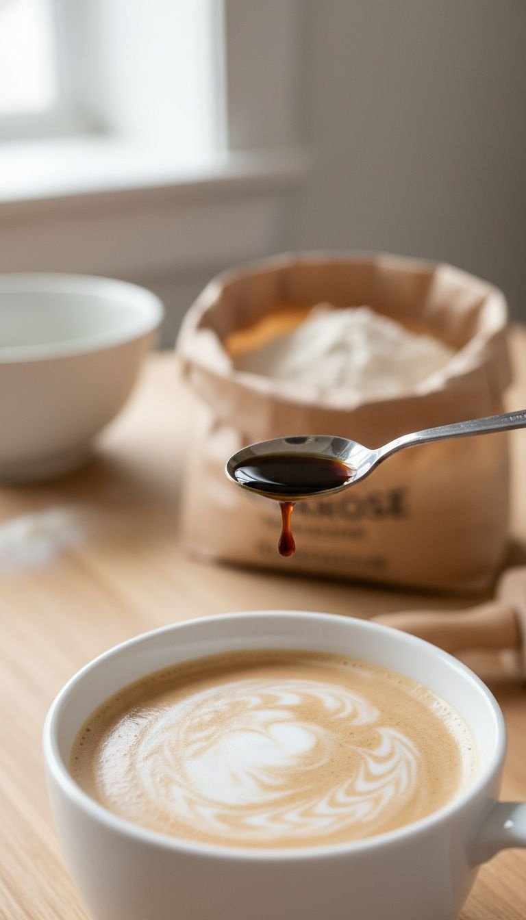 Macro photo captures a single drop of dark vanilla extract falling from a spoon into a creamy mug of coffee for flavor.
