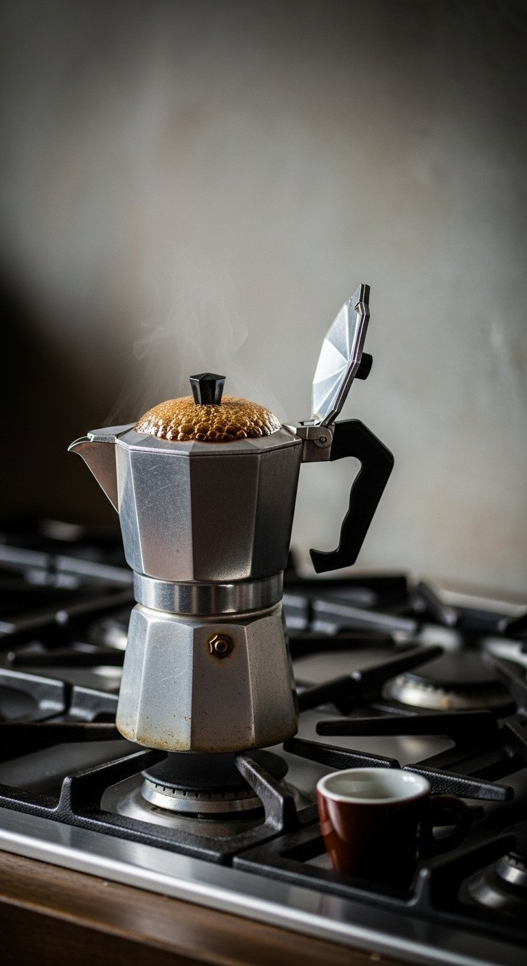 How To Make Black Coffee The Right Way For Perfect Taste 9 Macro photo of a classic Moka pot on a gas stove, with rich, dark espresso bubbling into the top chamber.