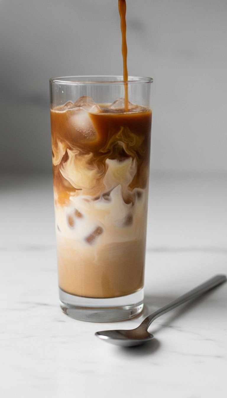 Macro photo of a hand pouring a beautiful swirl of white cream from a small pitcher into a tall glass of dark iced coffee.
