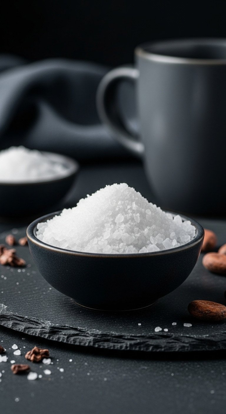 The Simple Trick For A Perfectly Creamy Nutella Latte 11 Macro photo of a small pinch bowl filled with delicate, crystalline flaky sea salt on a dark slate surface.