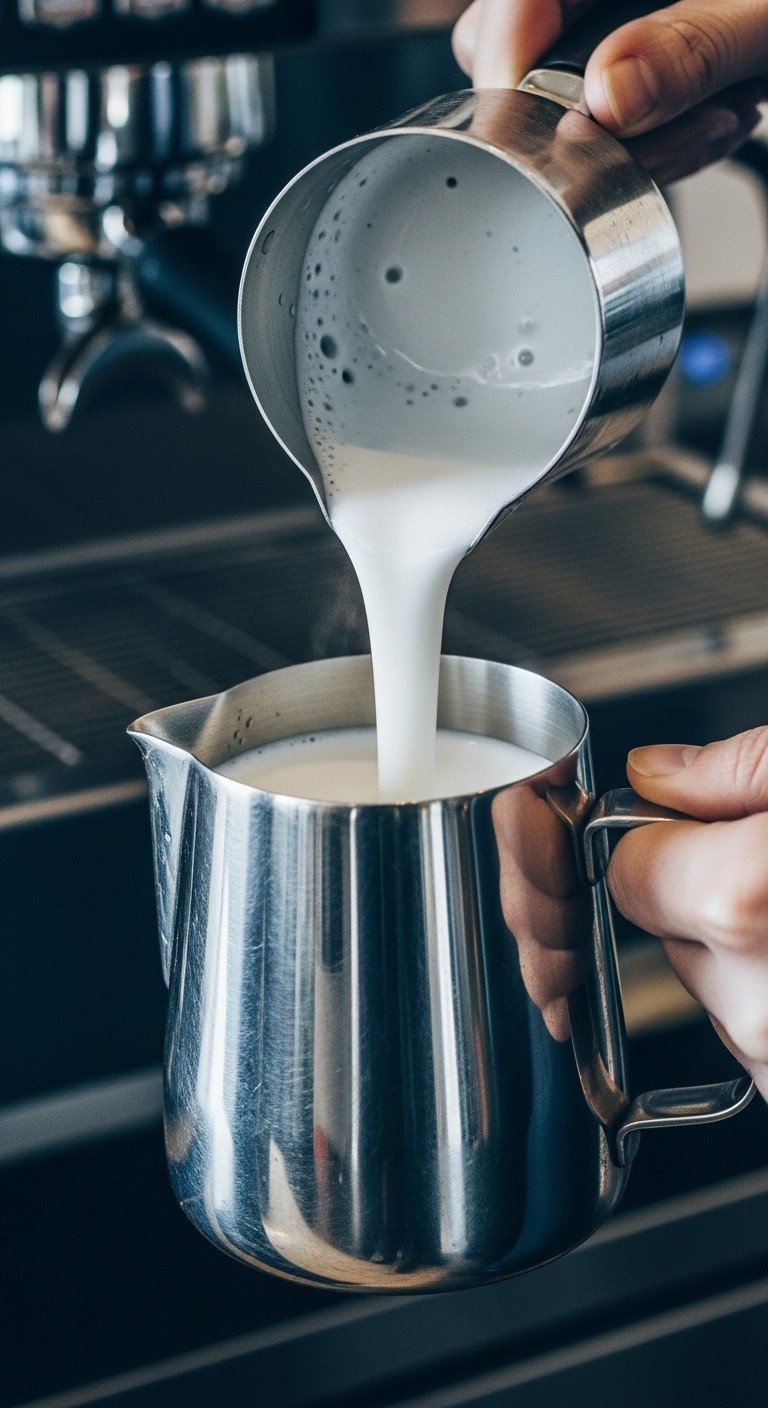 Macro photo of a steam wand just below the milk's surface in a steel pitcher, starting the steaming process for latte art.
