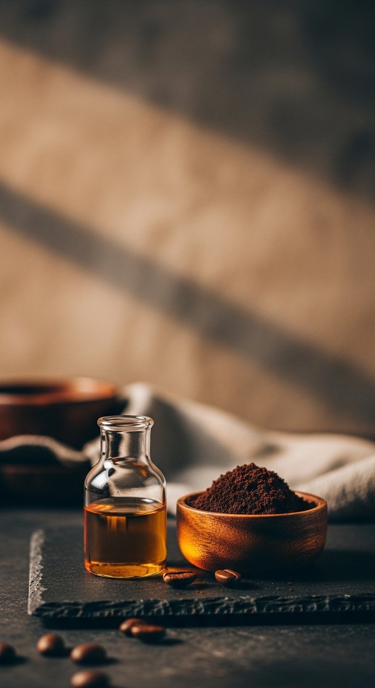Macro photo of coffee candle ingredients: a glass beaker of fragrance oil next to a wooden bowl of dark coffee grounds.