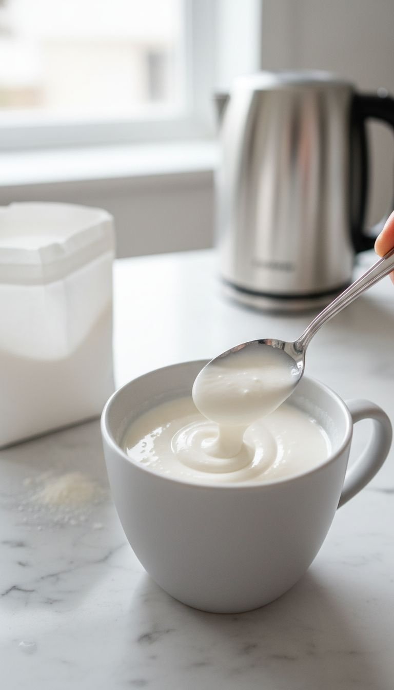 Macro photo of dark instant coffee granules blooming as they dissolve in hot water inside a white ceramic coffee mug.