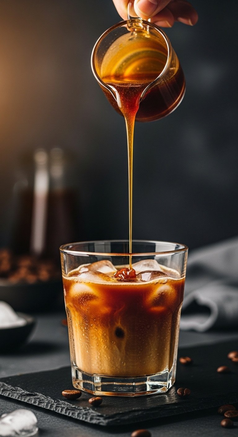 Perfect Homemade Coffee Syrup A Foolproof Recipe Guide 3 Macro photo of thick, amber homemade caramel syrup being drizzled from a pitcher into a glass of cold iced coffee.