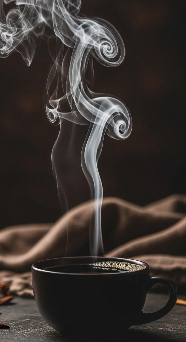 Macro shot: dense swirling steam rising from dark, rich coffee surface, dramatic side lighting, moody and detailed.