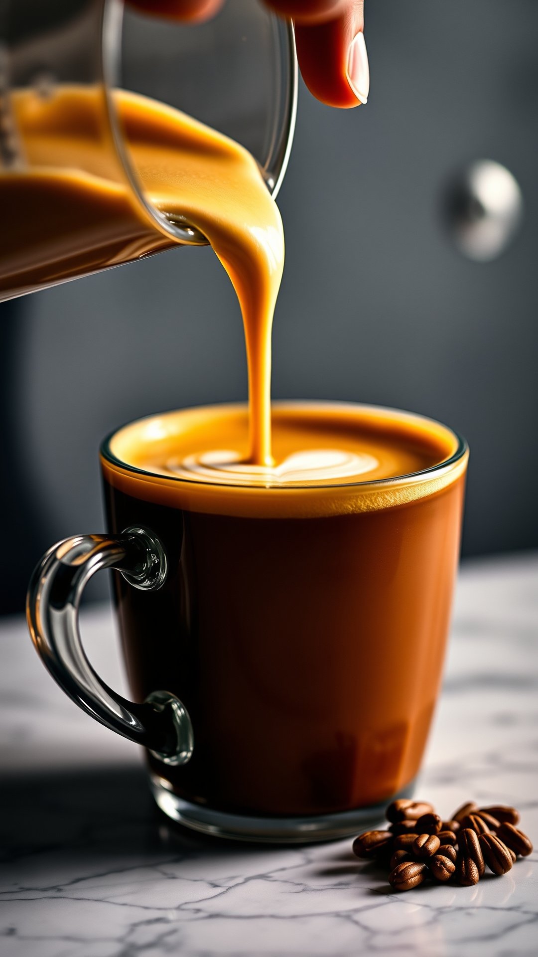 Macro shot of a barista pouring creamy, pumpkin-colored frothed milk into espresso to create simple latte art in a dark mug.