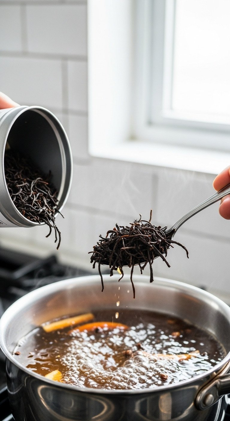 Cozy Chai Tea Latte Recipe That Tastes Better Than A Cafe 5 Macro shot of a hand spooning loose-leaf Assam black tea into a saucepan of simmering spiced water in a bright, modern kitchen.