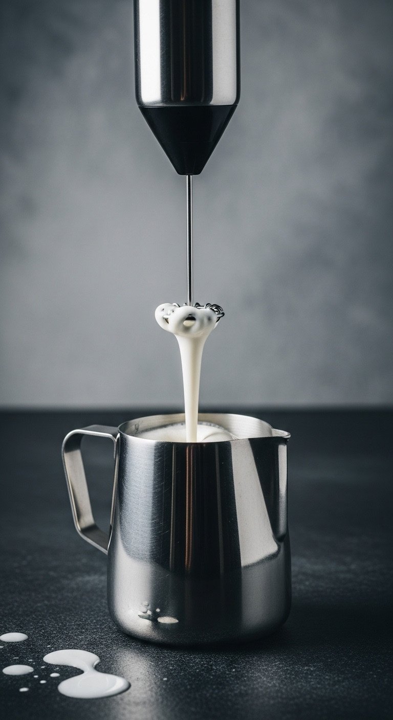 Macro shot of a handheld electric frother creating a vortex of creamy microfoam in a stainless steel pitcher for latte art.