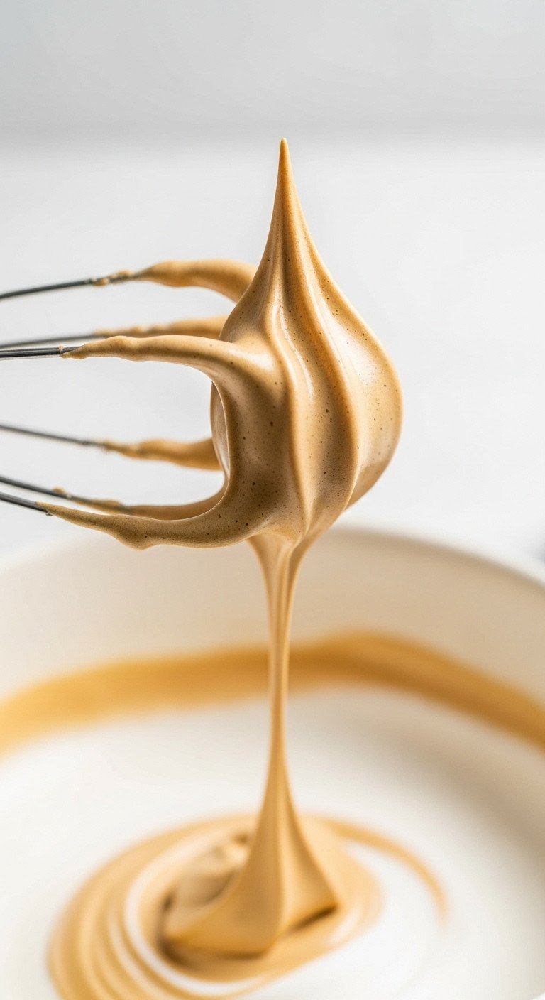 Macro shot of a perfect stiff peak of glossy, light-brown Dalgona coffee foam held up on an electric mixer beater.