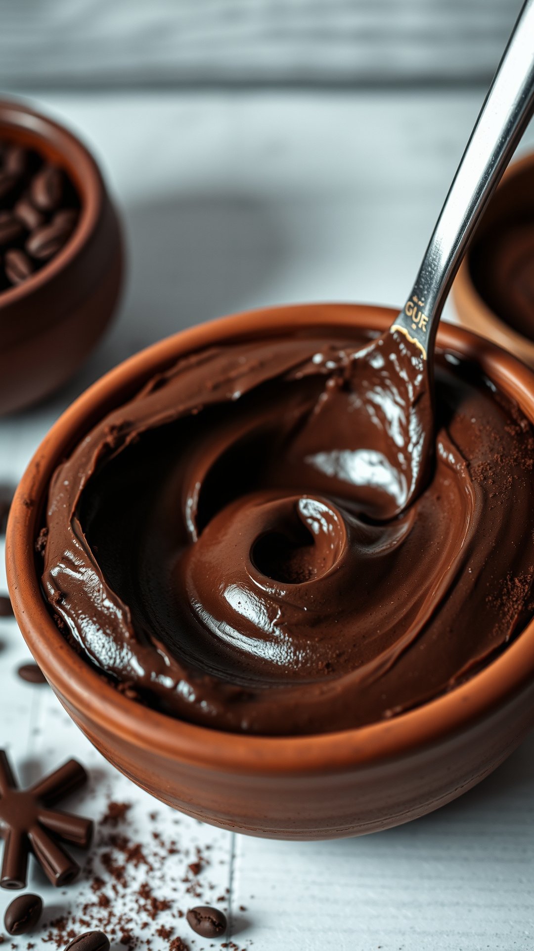 7 Coffee Face Mask Recipes For Instantly Radiant Skin 11 Macro shot of a rich, chocolate-like DIY coffee and cocoa face mask being swirled in a rustic terracotta bowl with cinnamon.