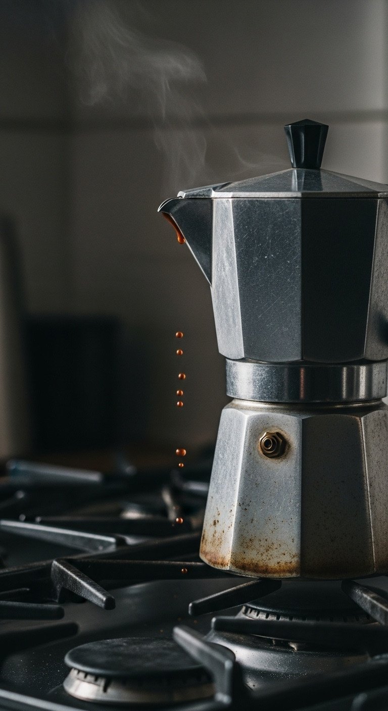 Macro shot of a silver Moka pot on a gas stove, with a rich stream of dark coffee brewing into the top chamber.